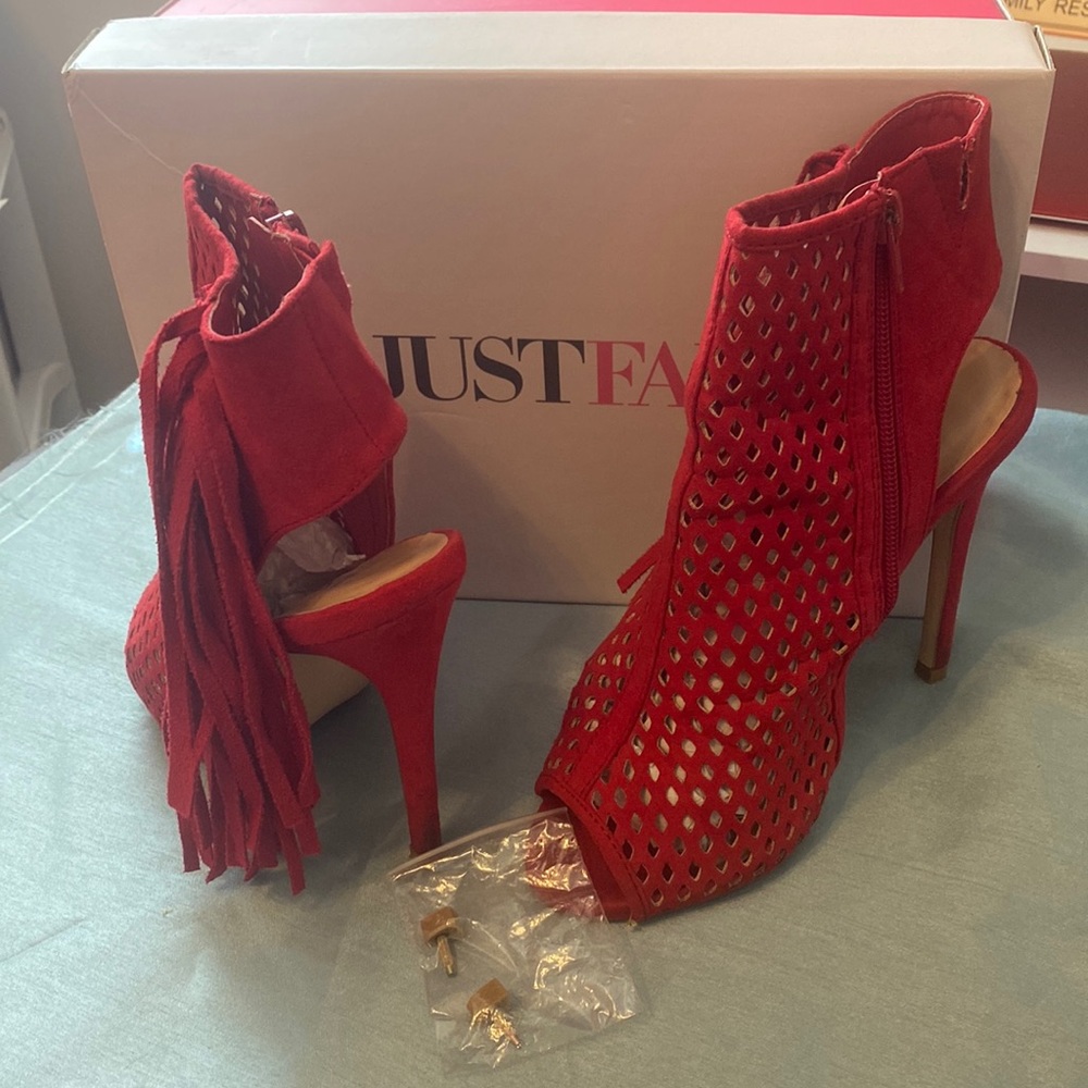 JUSTFAB RED TASSELED BOOTIES